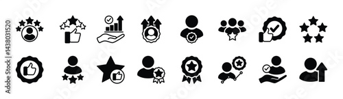 Set of person reputation icon. Contains review, rating, feedback, opinion, comment, satisfaction, support, service, quality, evaluation, choice, positive, life events. Vector illustration
