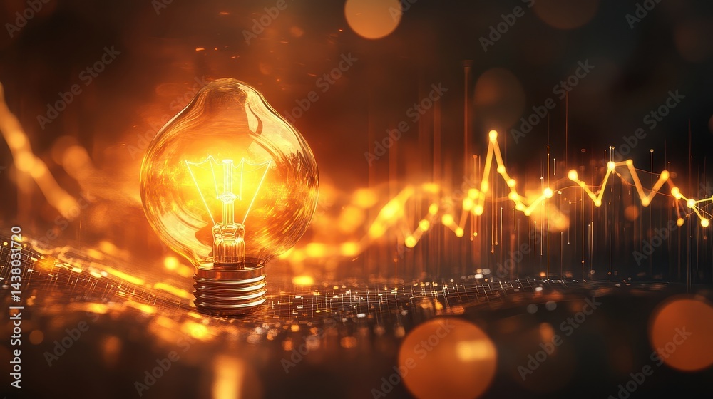 Coin and Light bulb shining over a graph, idea and business growth, 3D illustration.