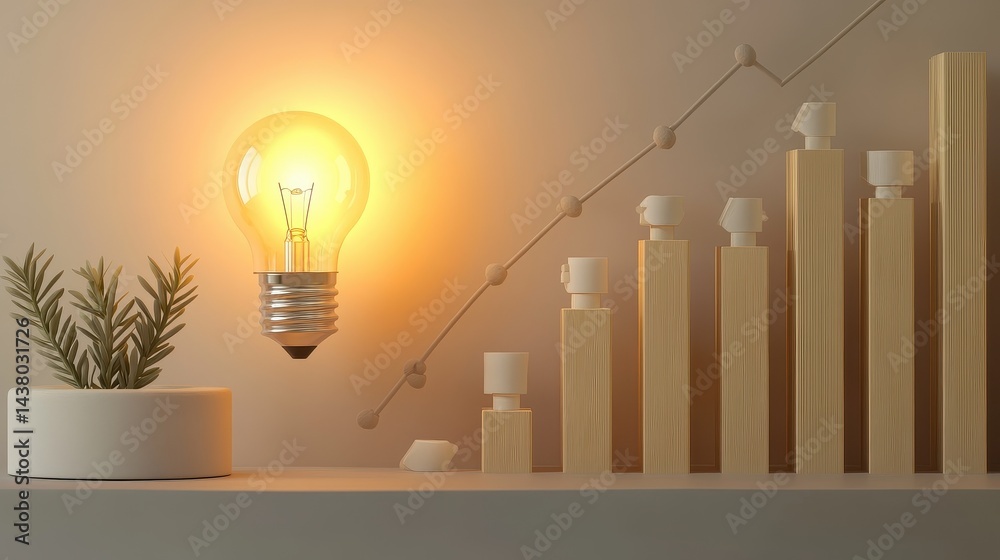 Coin and Light bulb shining over a graph, idea and business growth, 3D illustration.