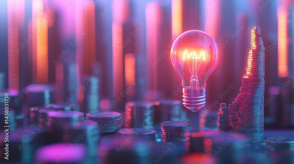 Coin and Light bulb shining over a graph, idea and business growth, 3D illustration.