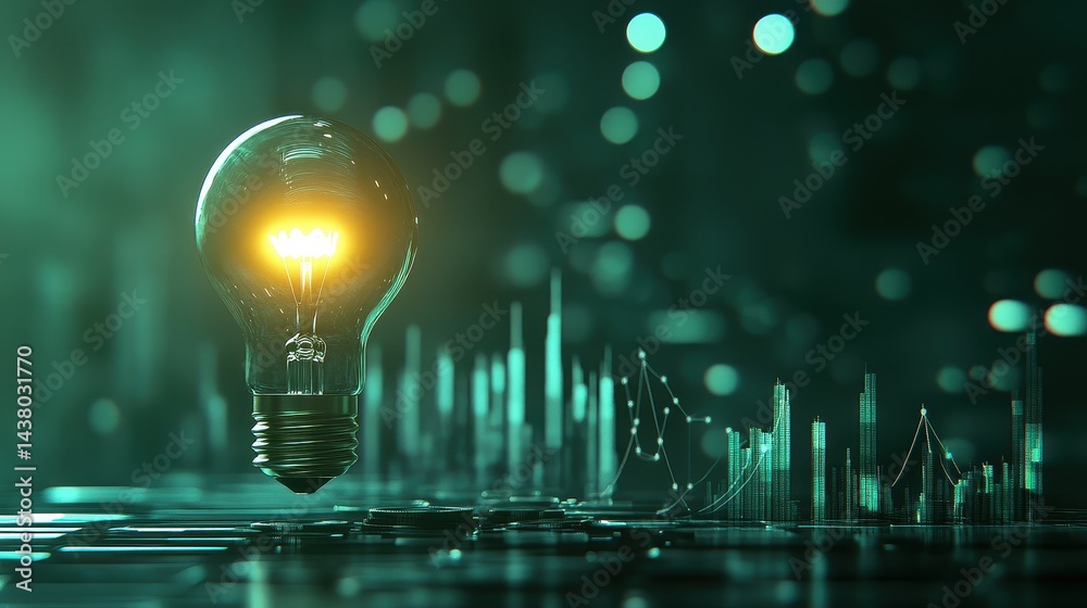 Coin and Light bulb shining over a graph, idea and business growth, 3D illustration.