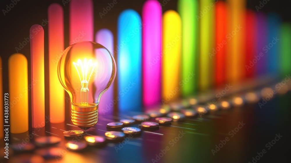 Coin and Light bulb shining over a graph, idea and business growth, 3D illustration.
