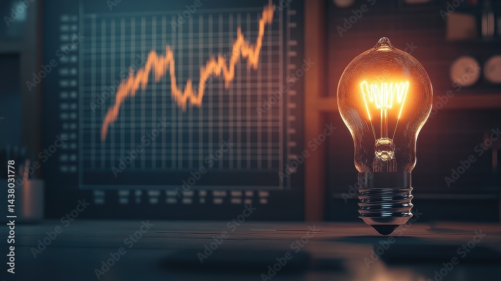 Coin and Light bulb shining over a graph, idea and business growth, 3D illustration.