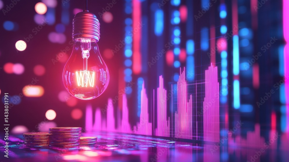 Coin and Light bulb shining over a graph, idea and business growth, 3D illustration.