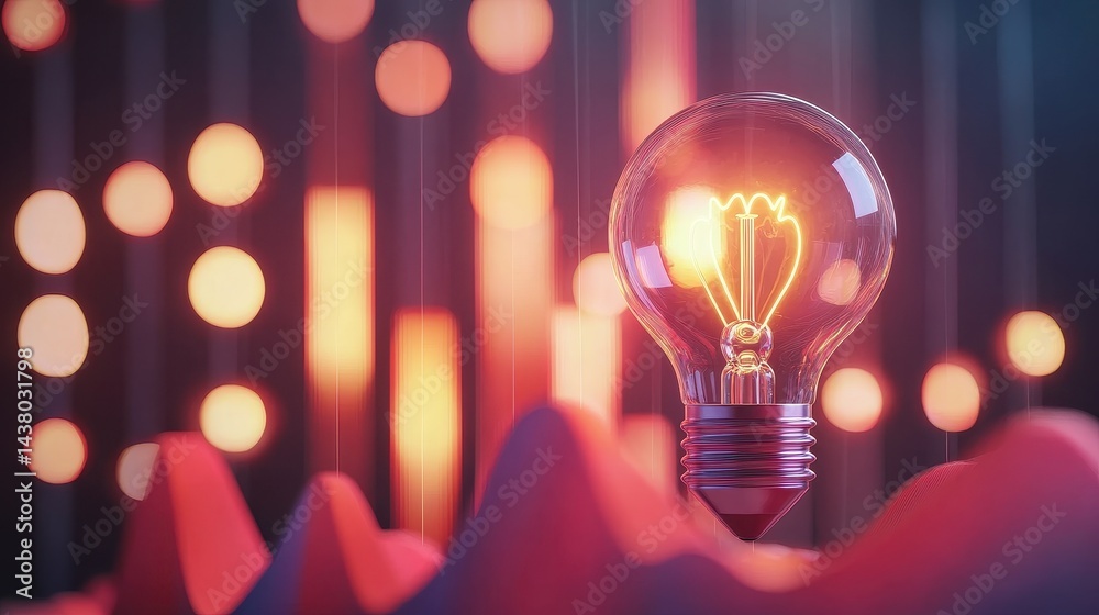 Coin and Light bulb shining over a graph, idea and business growth, 3D illustration.