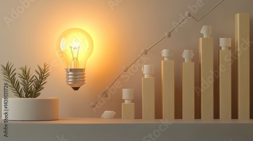 Obraz na płótnie Coin and Light bulb shining over a graph, idea and business growth, 3D illustration. w salonie