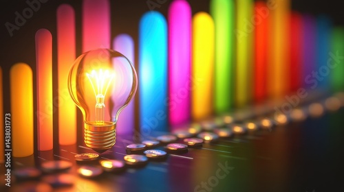 Obraz na płótnie Coin and Light bulb shining over a graph, idea and business growth, 3D illustration. w salonie