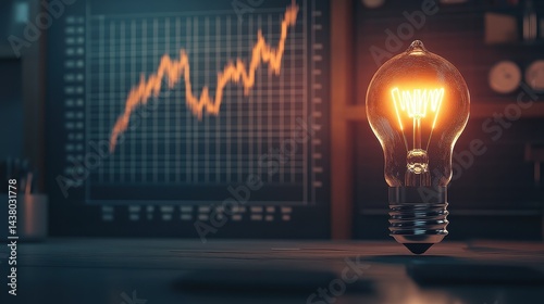 Coin and Light bulb shining over a graph, idea and business growth, 3D illustration.
