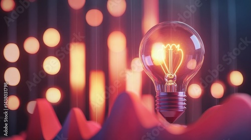 Obraz na płótnie Coin and Light bulb shining over a graph, idea and business growth, 3D illustration. w salonie