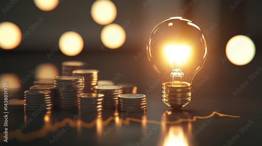 Coin and Light bulb shining over a graph, idea and business growth, 3D illustration.