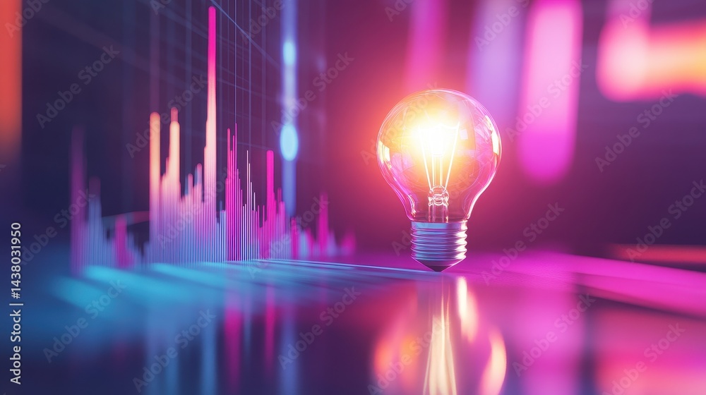 Coin and Light bulb shining over a graph, idea and business growth, 3D illustration.