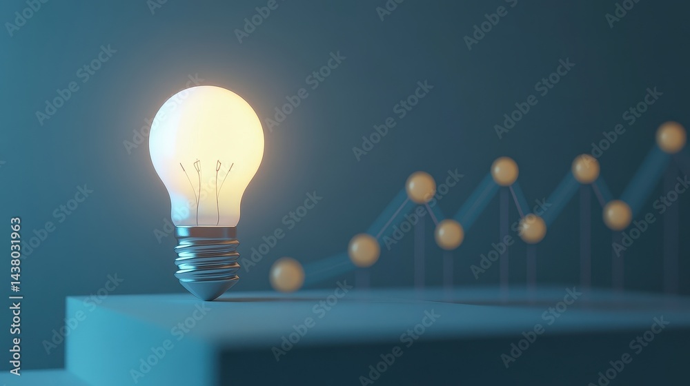 Coin and Light bulb shining over a graph, idea and business growth, 3D illustration.
