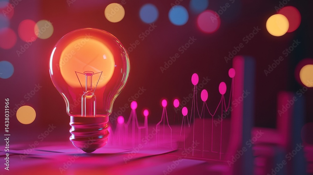 Coin and Light bulb shining over a graph, idea and business growth, 3D illustration.