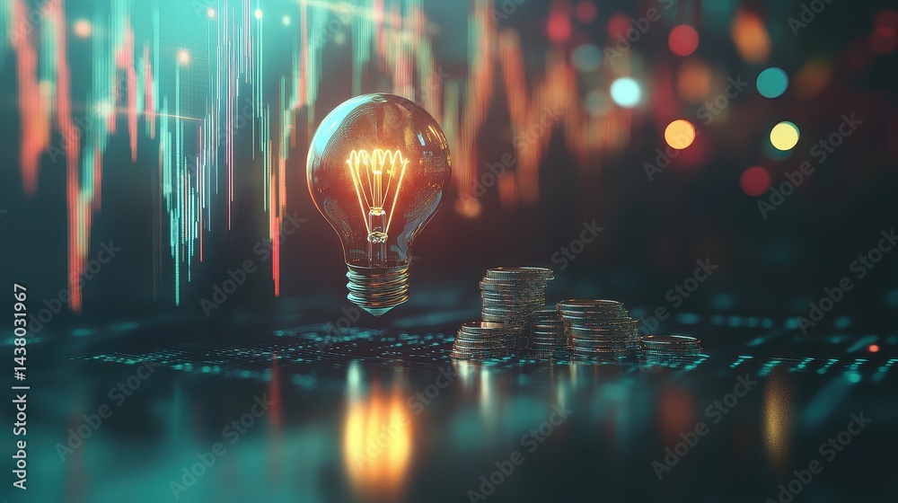 Coin and Light bulb shining over a graph, idea and business growth, 3D illustration.