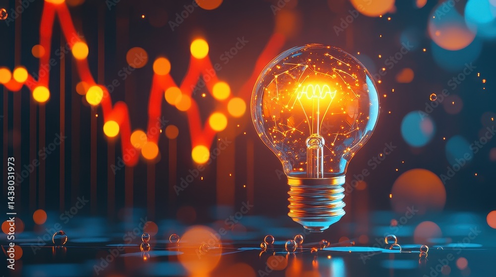 Coin and Light bulb shining over a graph, idea and business growth, 3D illustration.