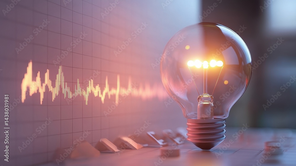 Coin and Light bulb shining over a graph, idea and business growth, 3D illustration.