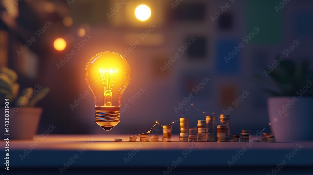 Coin and Light bulb shining over a graph, idea and business growth, 3D illustration.