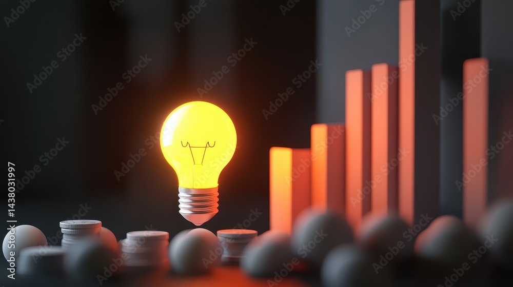 Coin and Light bulb shining over a graph, idea and business growth, 3D illustration.