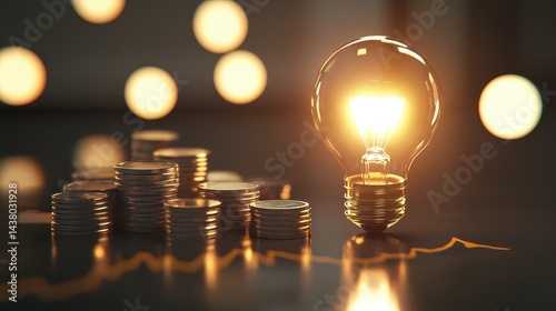 Obraz na płótnie Coin and Light bulb shining over a graph, idea and business growth, 3D illustration. w salonie