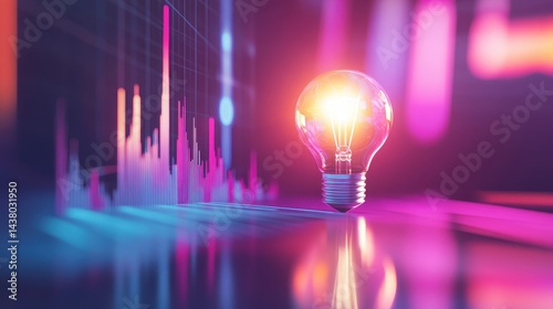 Obraz na płótnie Coin and Light bulb shining over a graph, idea and business growth, 3D illustration. w salonie