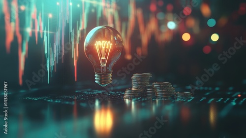 Obraz na płótnie Coin and Light bulb shining over a graph, idea and business growth, 3D illustration. w salonie