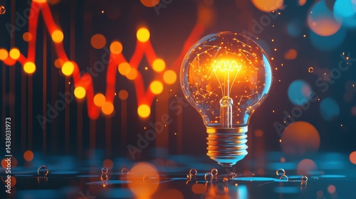 Obraz na płótnie Coin and Light bulb shining over a graph, idea and business growth, 3D illustration. w salonie