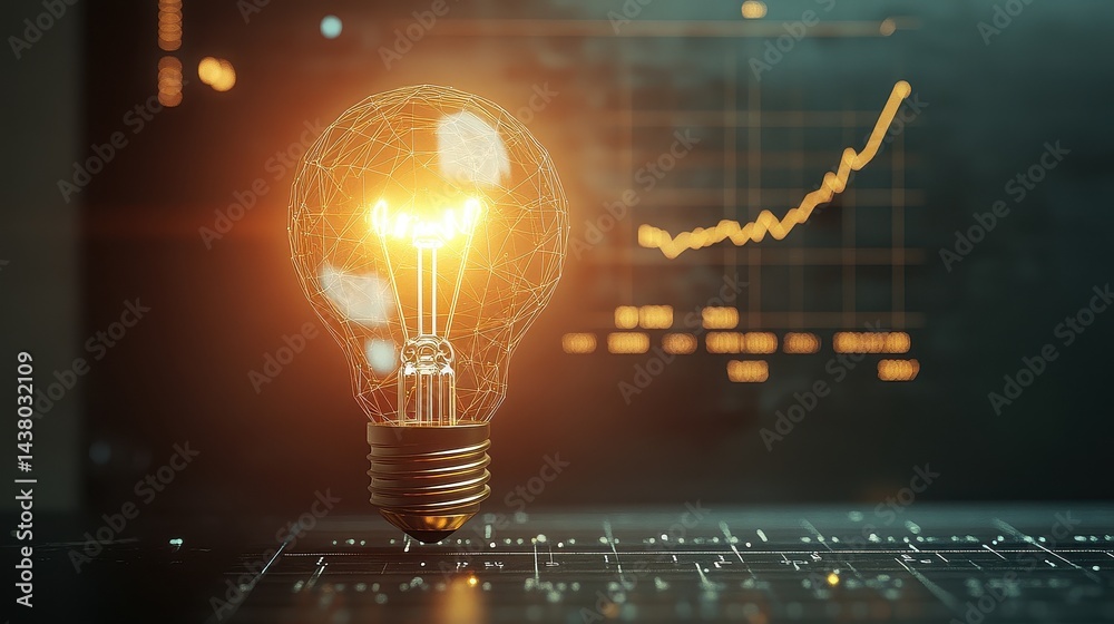 Coin and Light bulb shining over a graph, idea and business growth, 3D illustration.