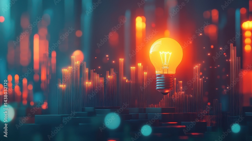 Coin and Light bulb shining over a graph, idea and business growth, 3D illustration.