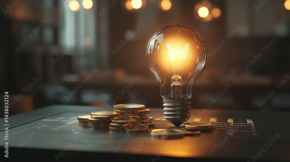 Coin and Light bulb shining over a graph, idea and business growth, 3D illustration.