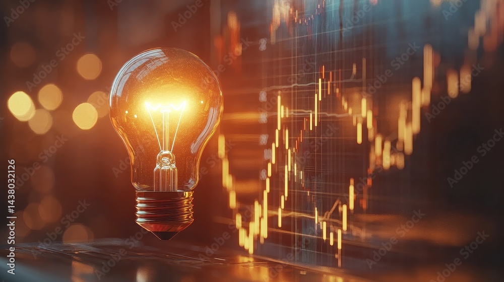 Coin and Light bulb shining over a graph, idea and business growth, 3D illustration.