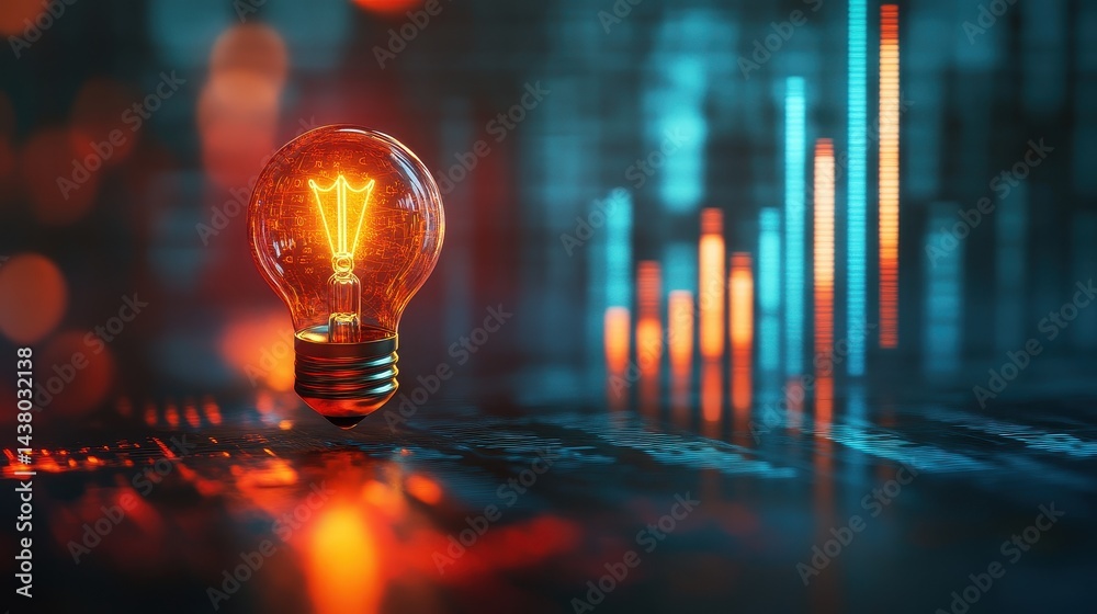 Coin and Light bulb shining over a graph, idea and business growth, 3D illustration.