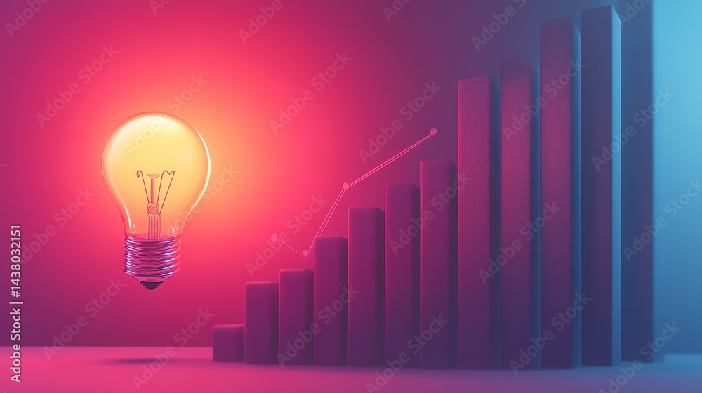 Coin and Light bulb shining over a graph, idea and business growth, 3D illustration.