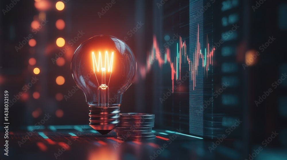 Coin and Light bulb shining over a graph, idea and business growth, 3D illustration.