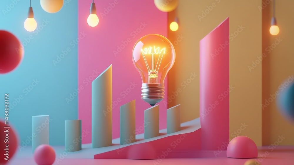 Coin and Light bulb shining over a graph, idea and business growth, 3D illustration.
