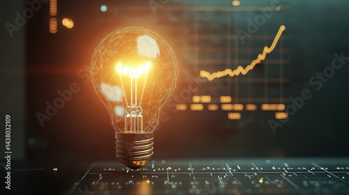 Obraz na płótnie Coin and Light bulb shining over a graph, idea and business growth, 3D illustration. w salonie