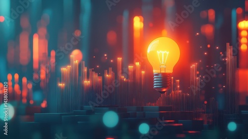 Obraz na płótnie Coin and Light bulb shining over a graph, idea and business growth, 3D illustration. w salonie