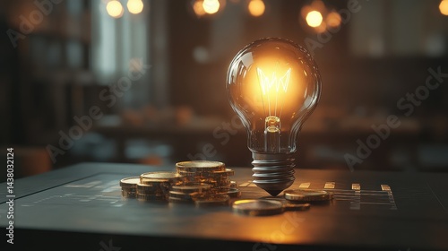 Obraz na płótnie Coin and Light bulb shining over a graph, idea and business growth, 3D illustration. w salonie