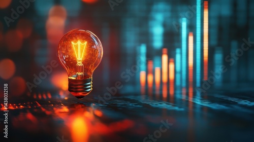 Obraz na płótnie Coin and Light bulb shining over a graph, idea and business growth, 3D illustration. w salonie
