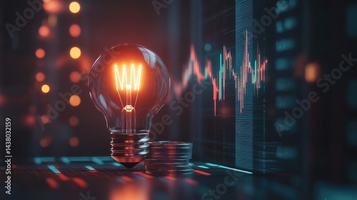 Coin and Light bulb shining over a graph, idea and business growth, 3D illustration.