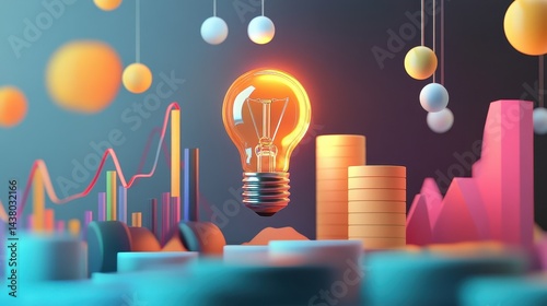 Coin and Light bulb shining over a graph, idea and business growth, 3D illustration.