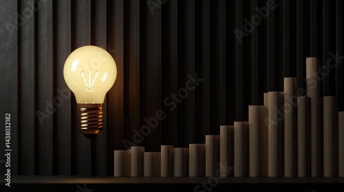 Coin and Light bulb shining over a graph, idea and business growth, 3D illustration.