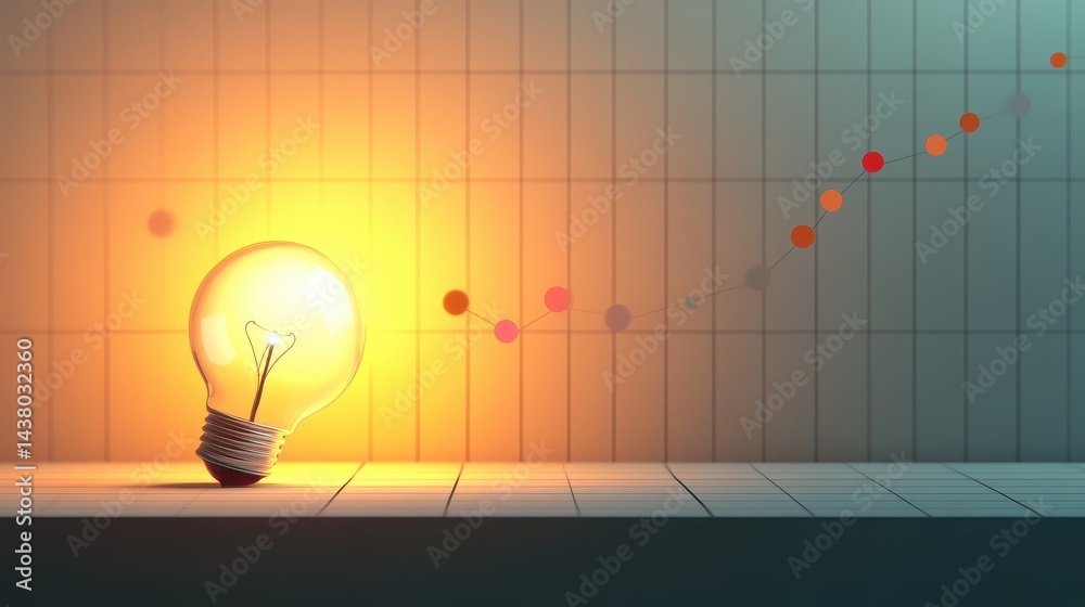 Coin and Light bulb shining over a graph, idea and business growth, 3D illustration.