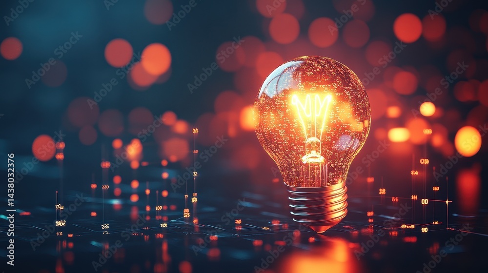 Coin and Light bulb shining over a graph, idea and business growth, 3D illustration.