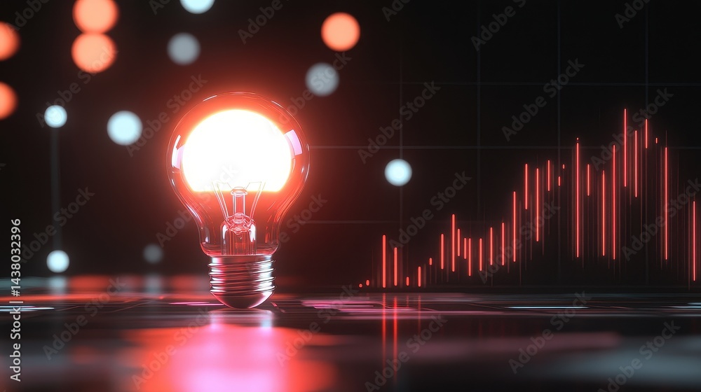 Coin and Light bulb shining over a graph, idea and business growth, 3D illustration.