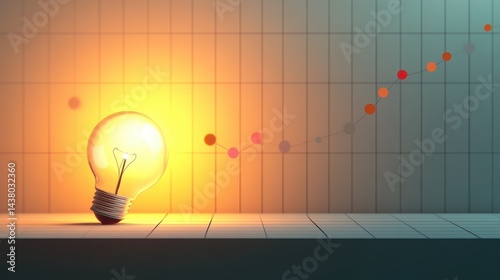Obraz na płótnie Coin and Light bulb shining over a graph, idea and business growth, 3D illustration. w salonie