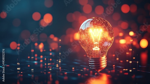 Obraz na płótnie Coin and Light bulb shining over a graph, idea and business growth, 3D illustration. w salonie