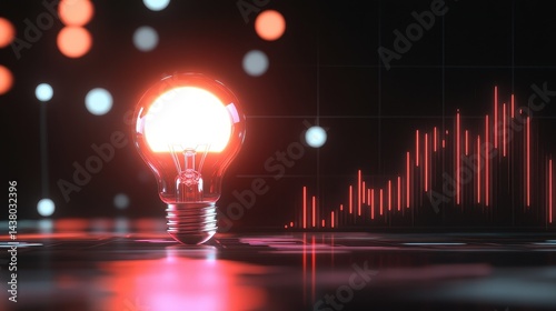 Obraz na płótnie Coin and Light bulb shining over a graph, idea and business growth, 3D illustration. w salonie
