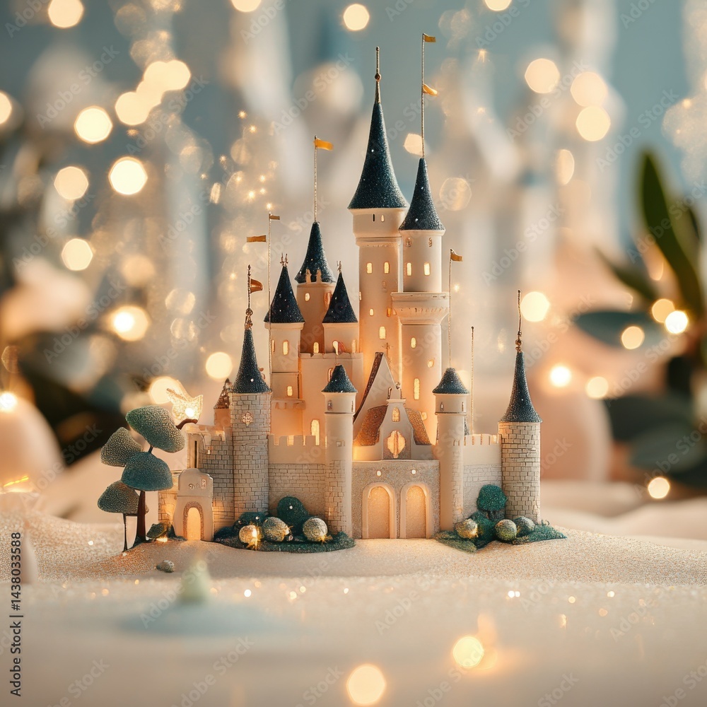 A whimsical castle made of paper, illuminated by soft lights, surrounded by a dreamy atmosphere.