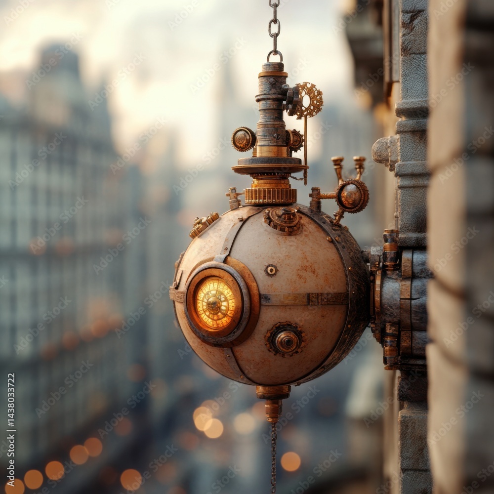 Steampunk-inspired globe device hanging from a building, with a blurred city background.