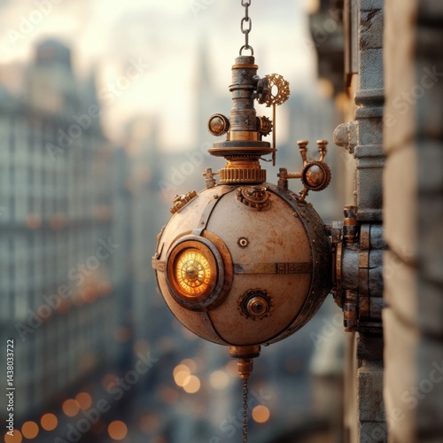 Steampunk-inspired globe device hanging from a building, with a blurred city background.